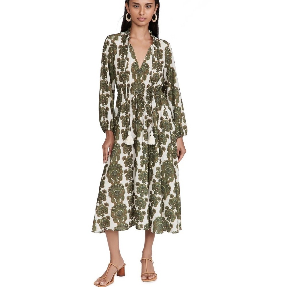 Cara Cara Tanglewood Dress Green Paisley Ruffled Neckline Drawstring Waist M